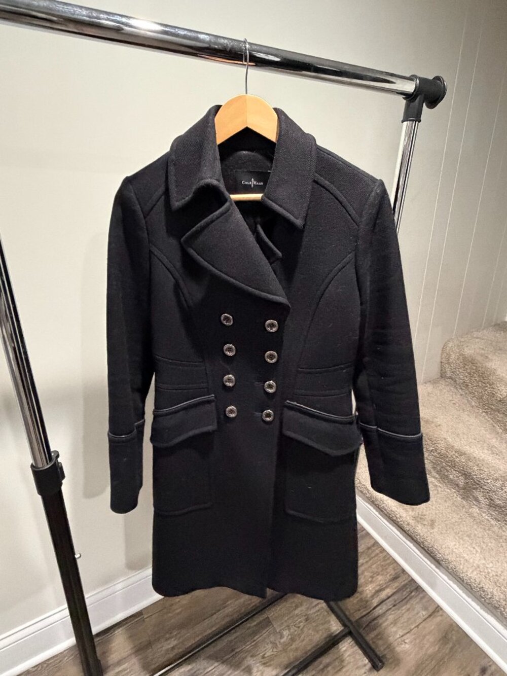 Cole Haan Black Military Wool Coat Size 4 Tailored Double Breasted Classic